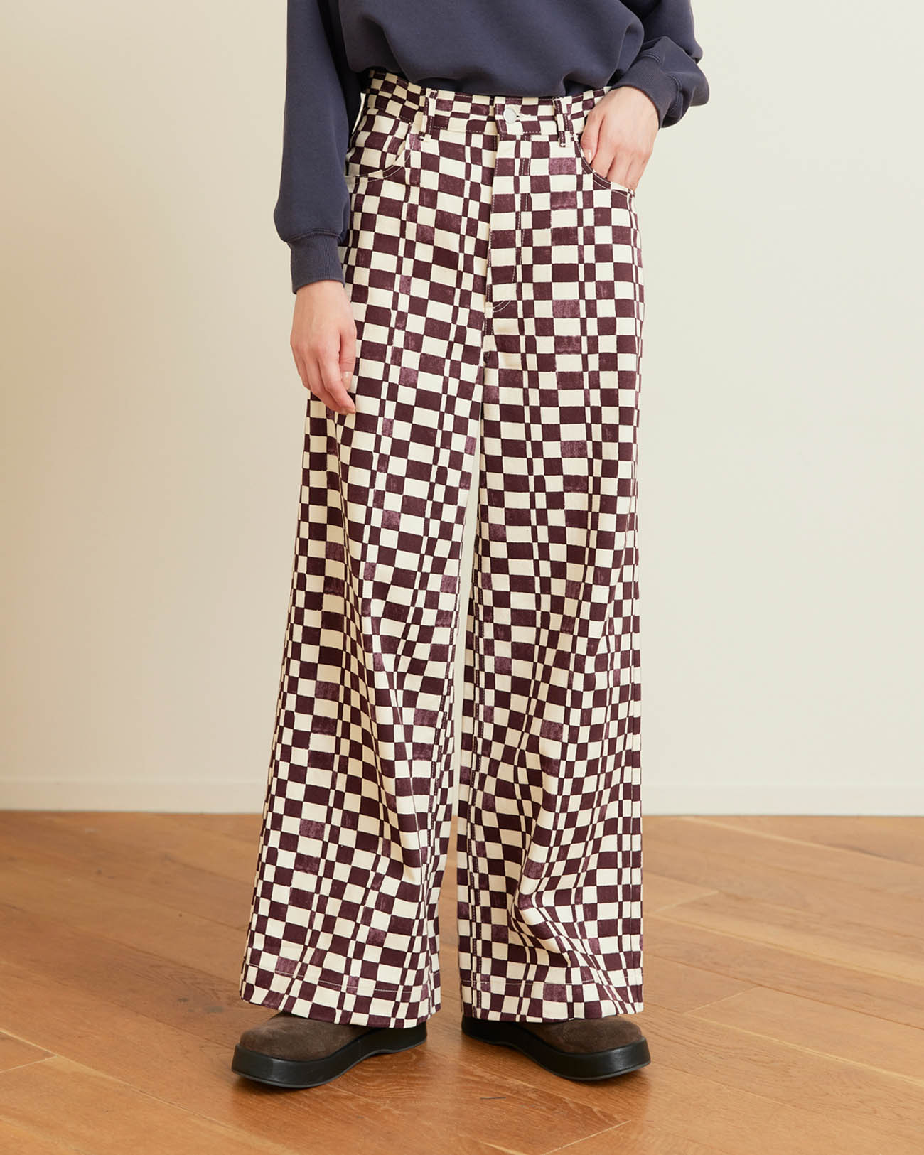 PHEENY | Checkered High Waist Wide Pant - burgundy – FAB4 ONLINE STORE