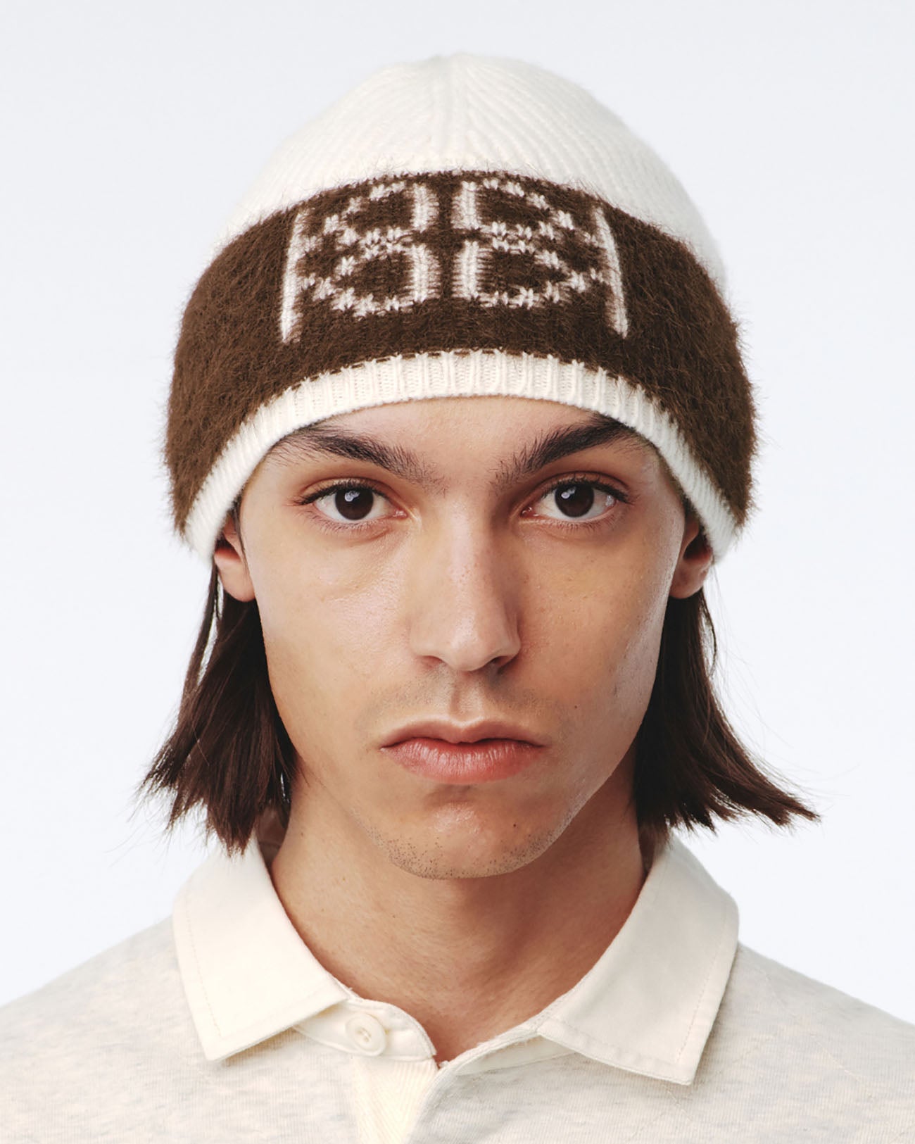 Emblem Knit Beanie UNISEX - ivory/brown