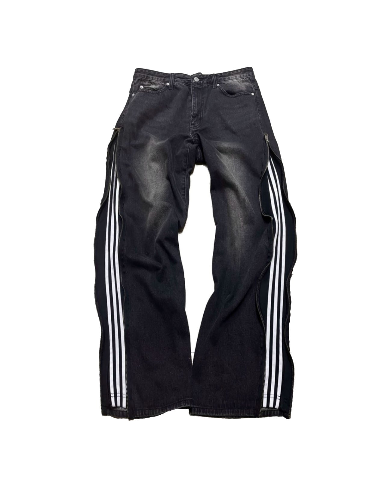 three pin stripes custom zipper denim - black　