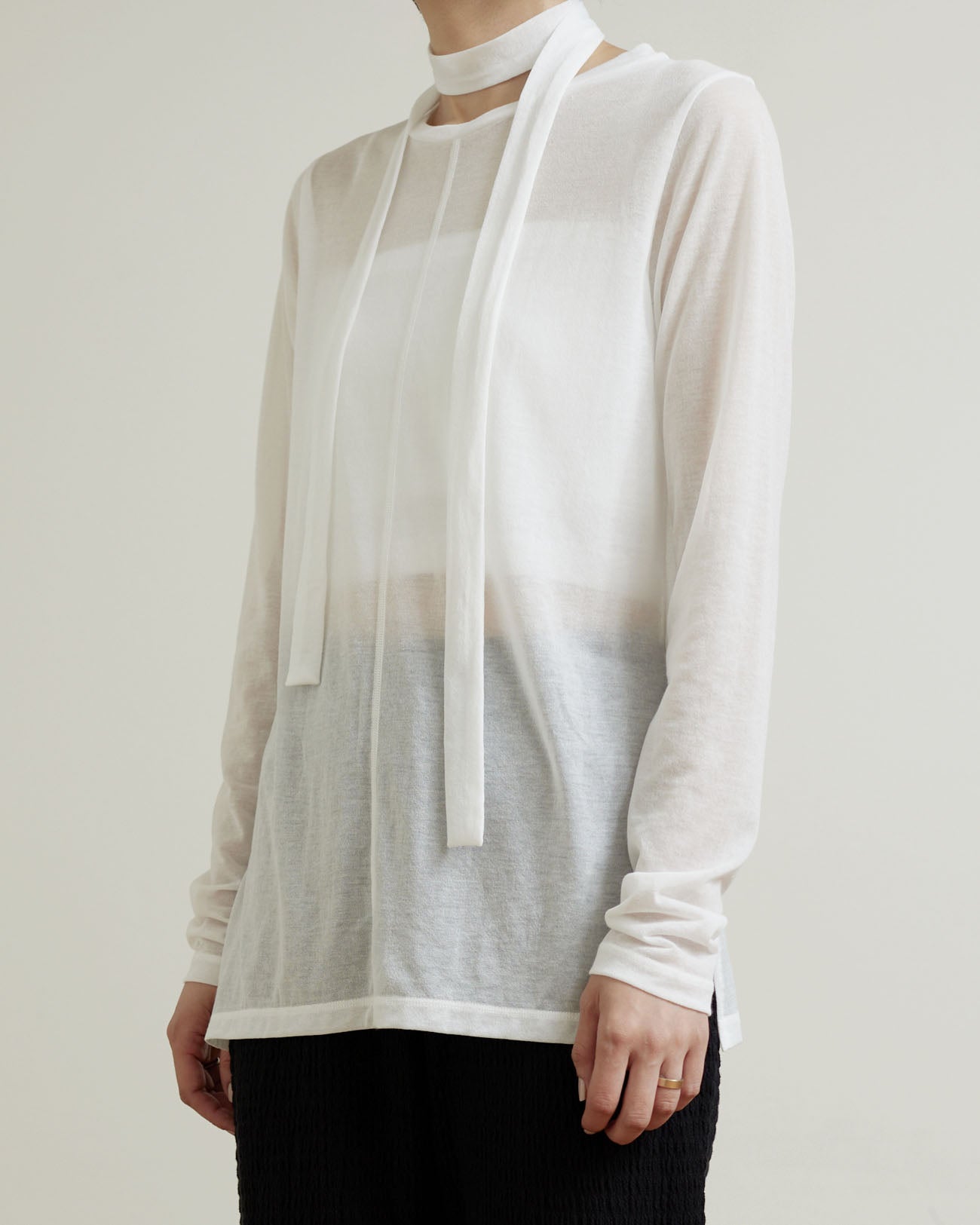 Cotton nylon sheer L/S with tie - white